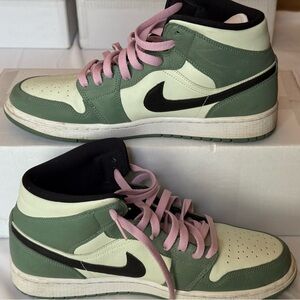 Jordan High-Top Sneakers in Sage Green, Cream & Black with Pink Laces